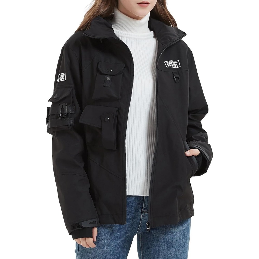 GOLYOY Bomber Jacket Womens Medium Streetwear Windbreaker Multi-Pocket Zip NEW - Picture 2 of 5